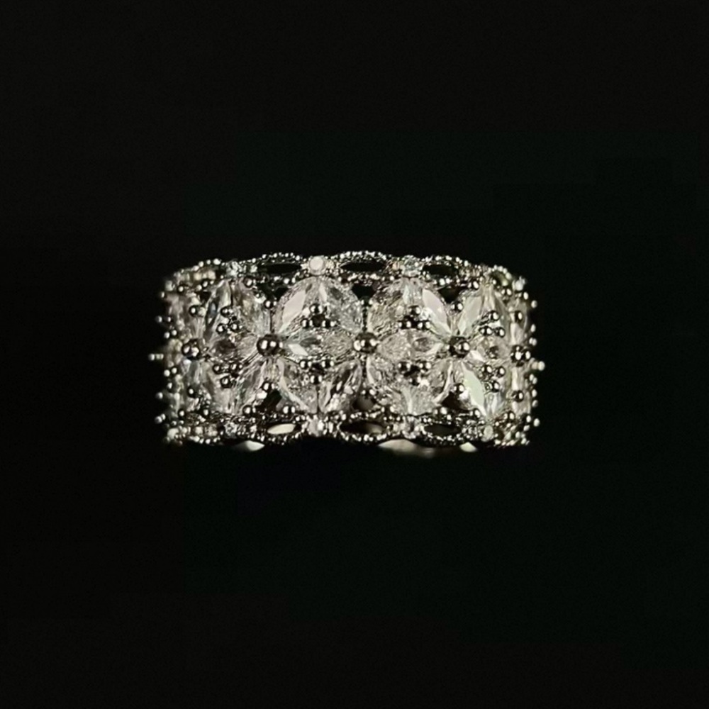 Sparkling Silver Tone Floral CZ Statement Ring